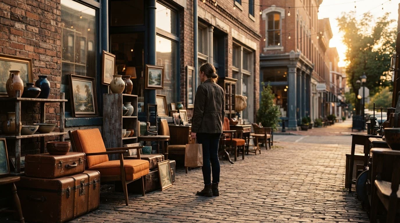 A shopper browses antiques near a brick storefront in warm late-afternoon light.