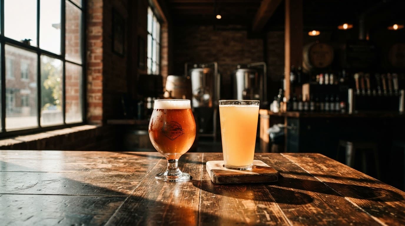 Craft beer glasses sit on a wooden table in a sunlit brewery taproom.