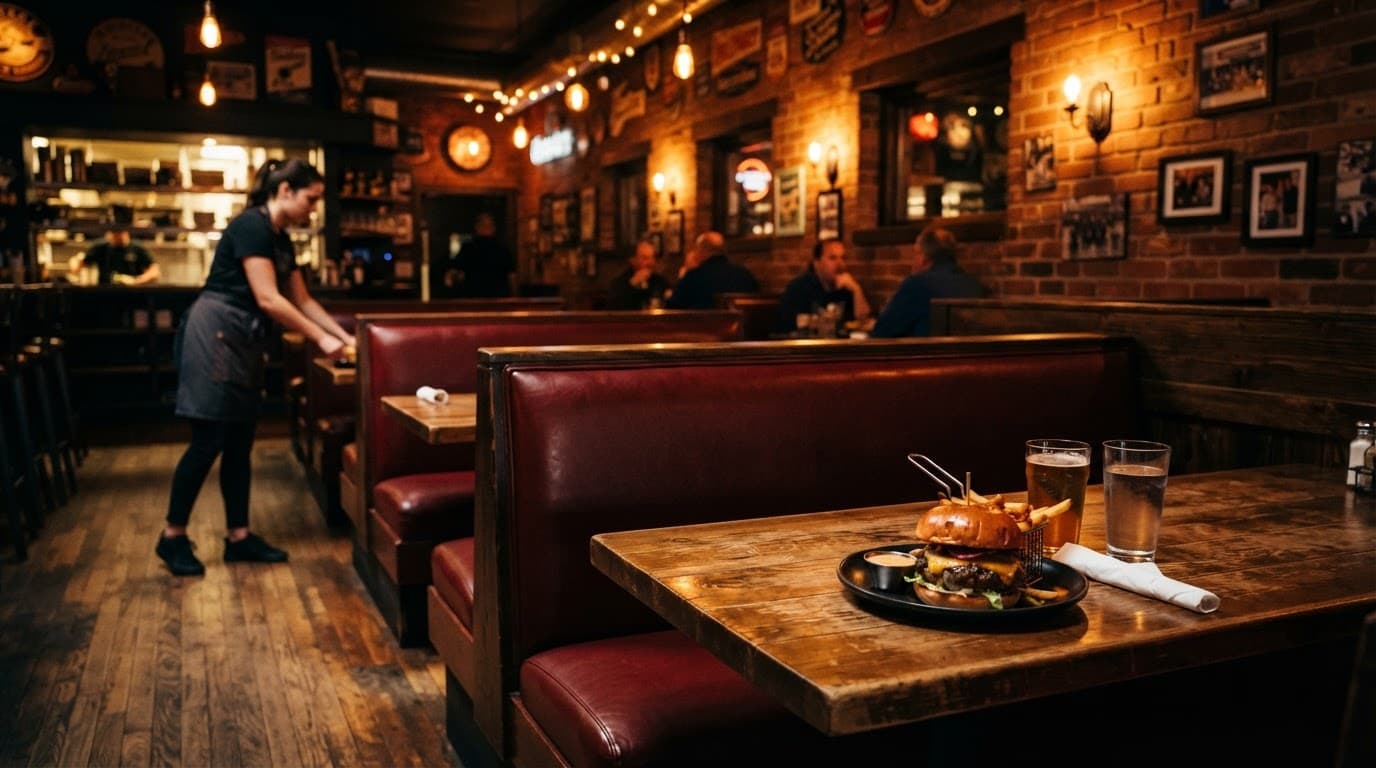 Burgers sit on wooden tables inside a warmly lit restaurant with red booths and one server in back.