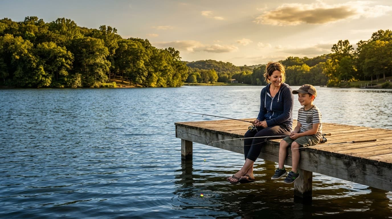An adult and child fish from a wooden dock on a sunny tree-lined lake.