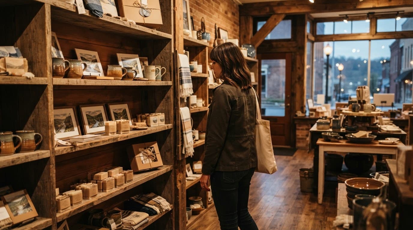 A shopper browses local gifts displayed on wooden counters in a cozy boutique.