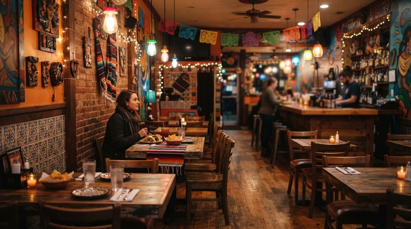 Colorful taco restaurant interior with wooden tables and warm pendant lights.