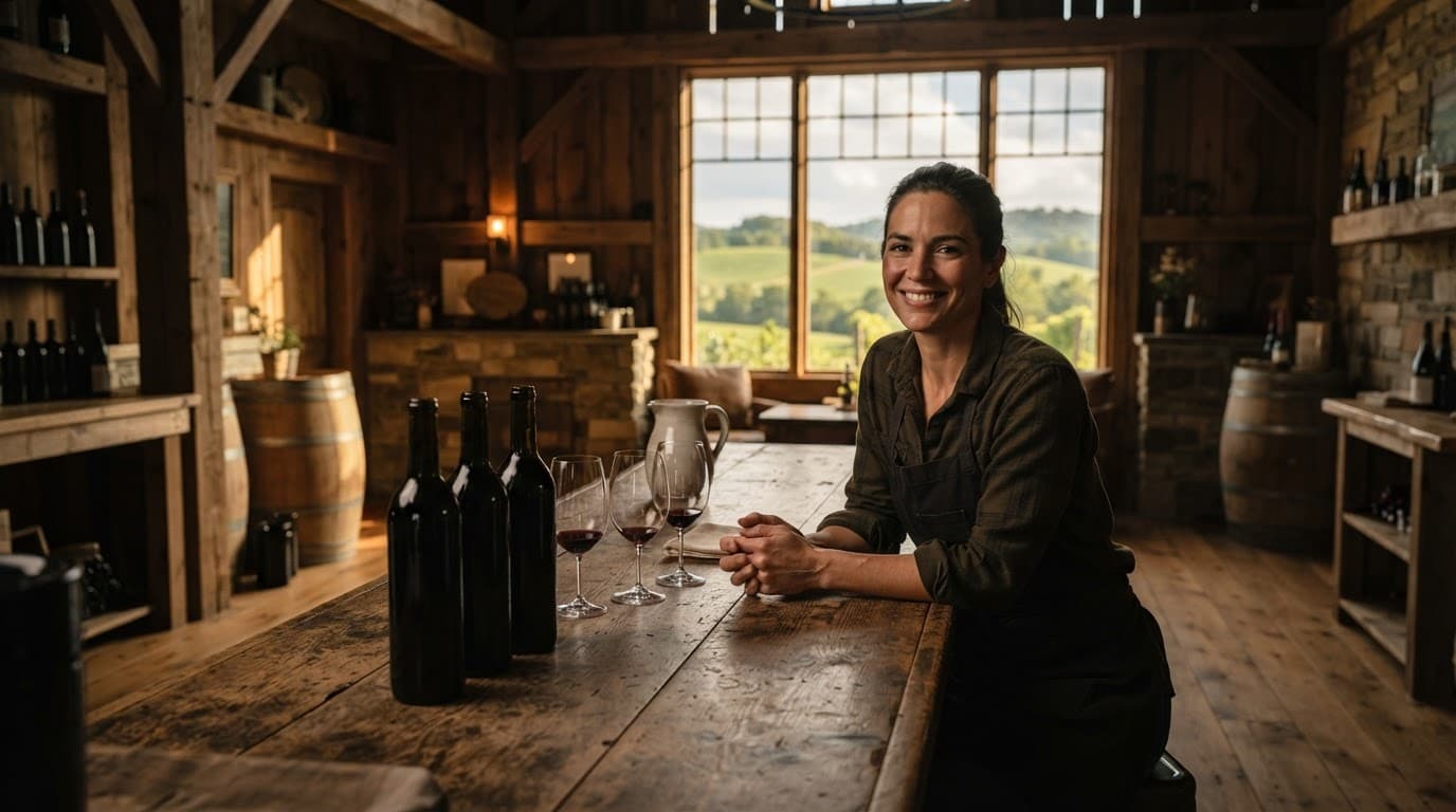 A person pours wine behind a rustic wooden counter