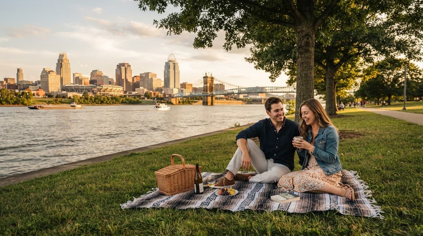A couple picnics beside the Ohio River with Cincinnati's skyline across the water.