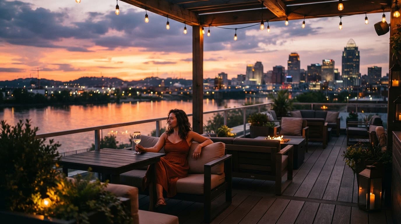 One guest relaxes with a drink on a rooftop patio overlooking the river at sunset.