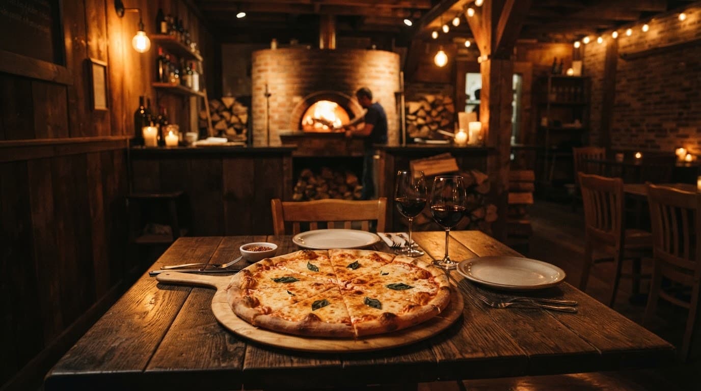 A cheese pizza on a wooden table with a glowing oven behind it.