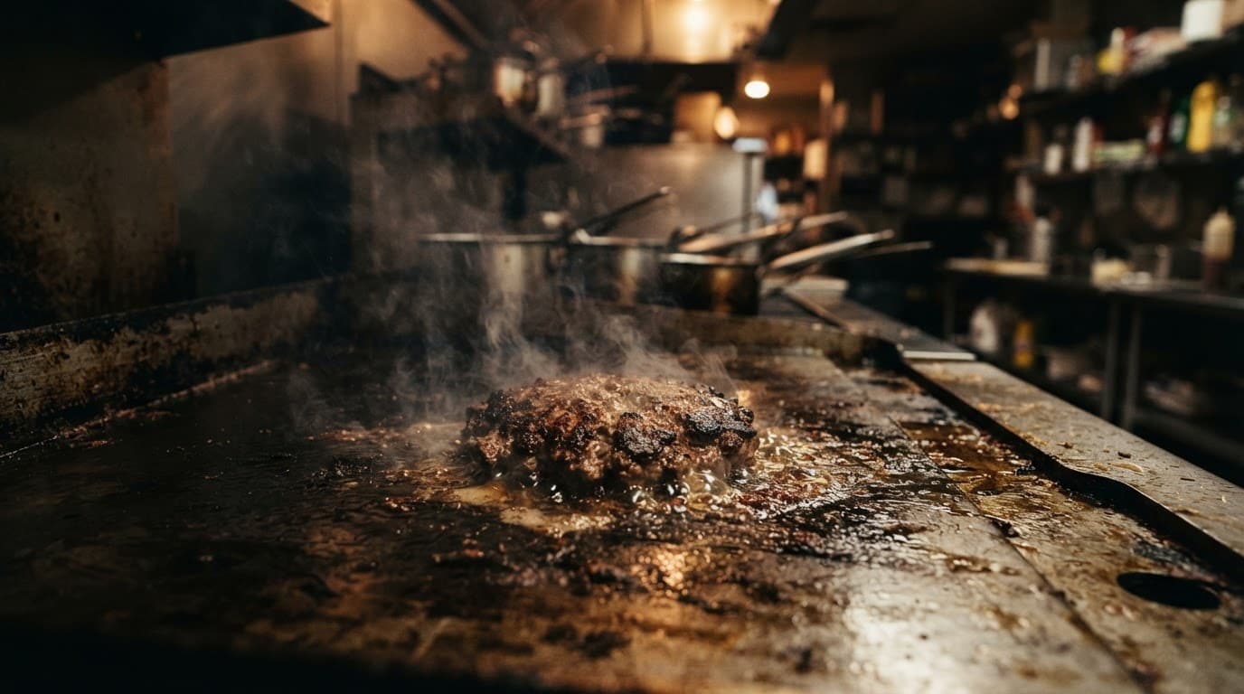 A thick burger patty sizzling on a dark flat-top grill.