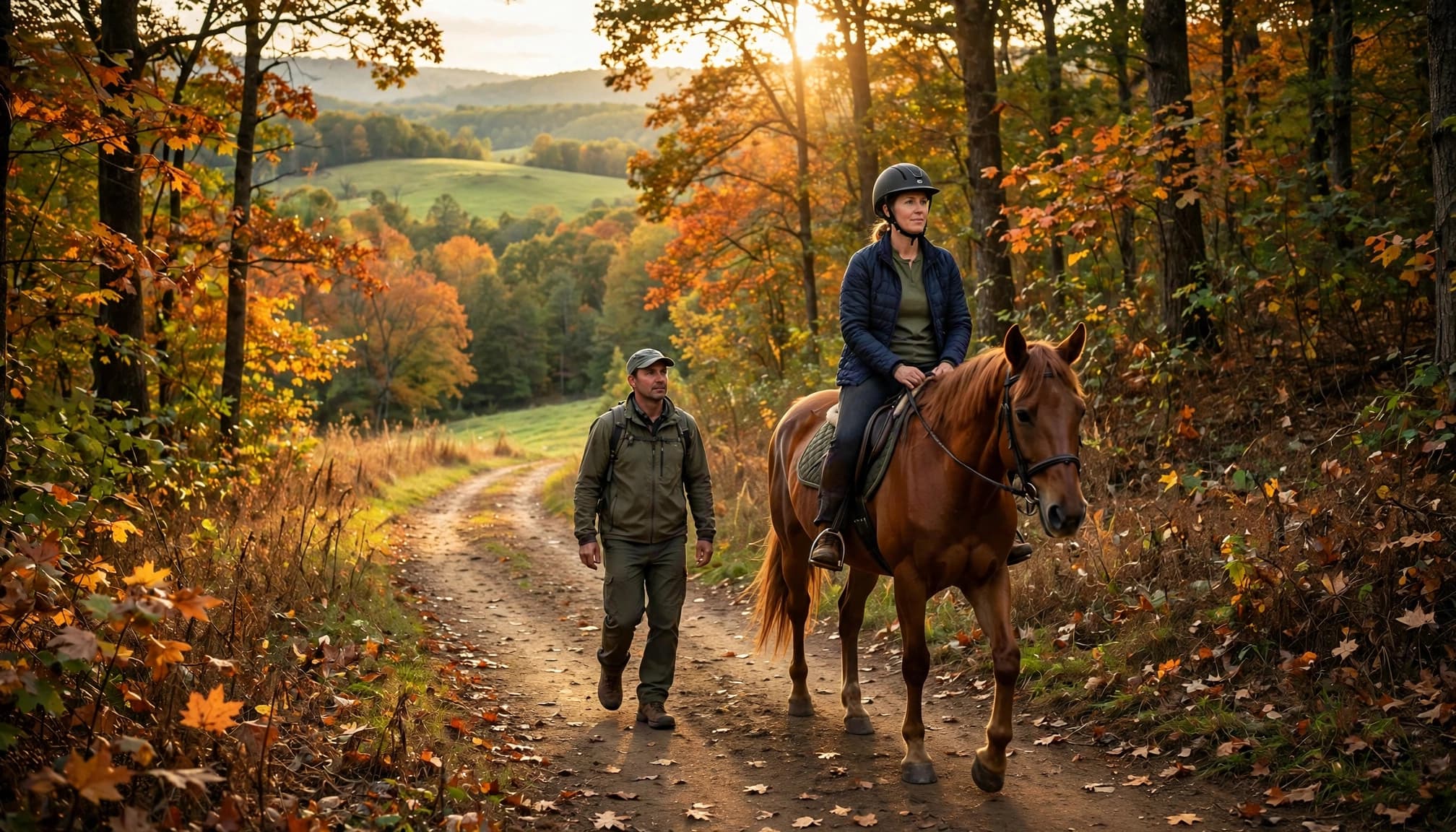 A helmeted woman rides a chestnut horse beside an instructor on an autumn trail.