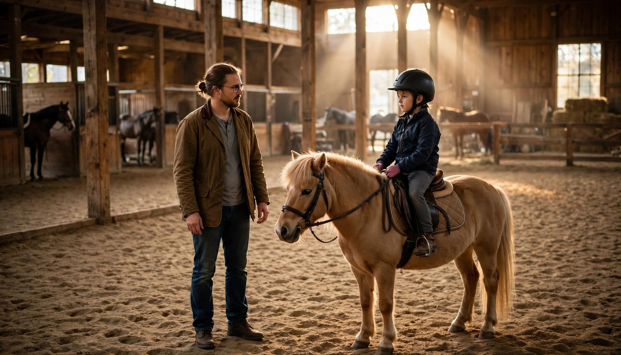 A child in a helmet rides a pony beside an adult instructor in an indoor arena.