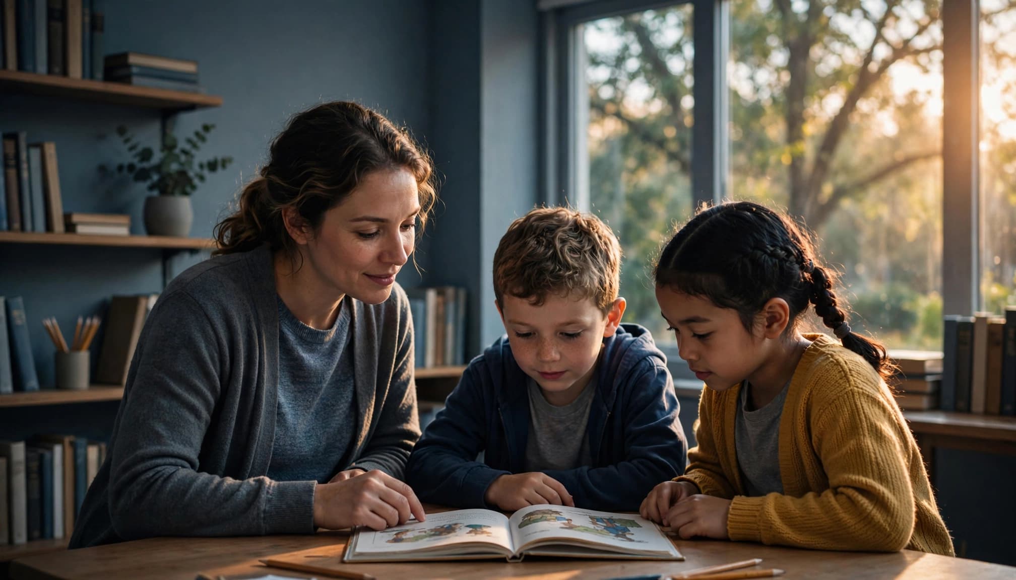 A tutor helps two children read at a table in a softly lit room.