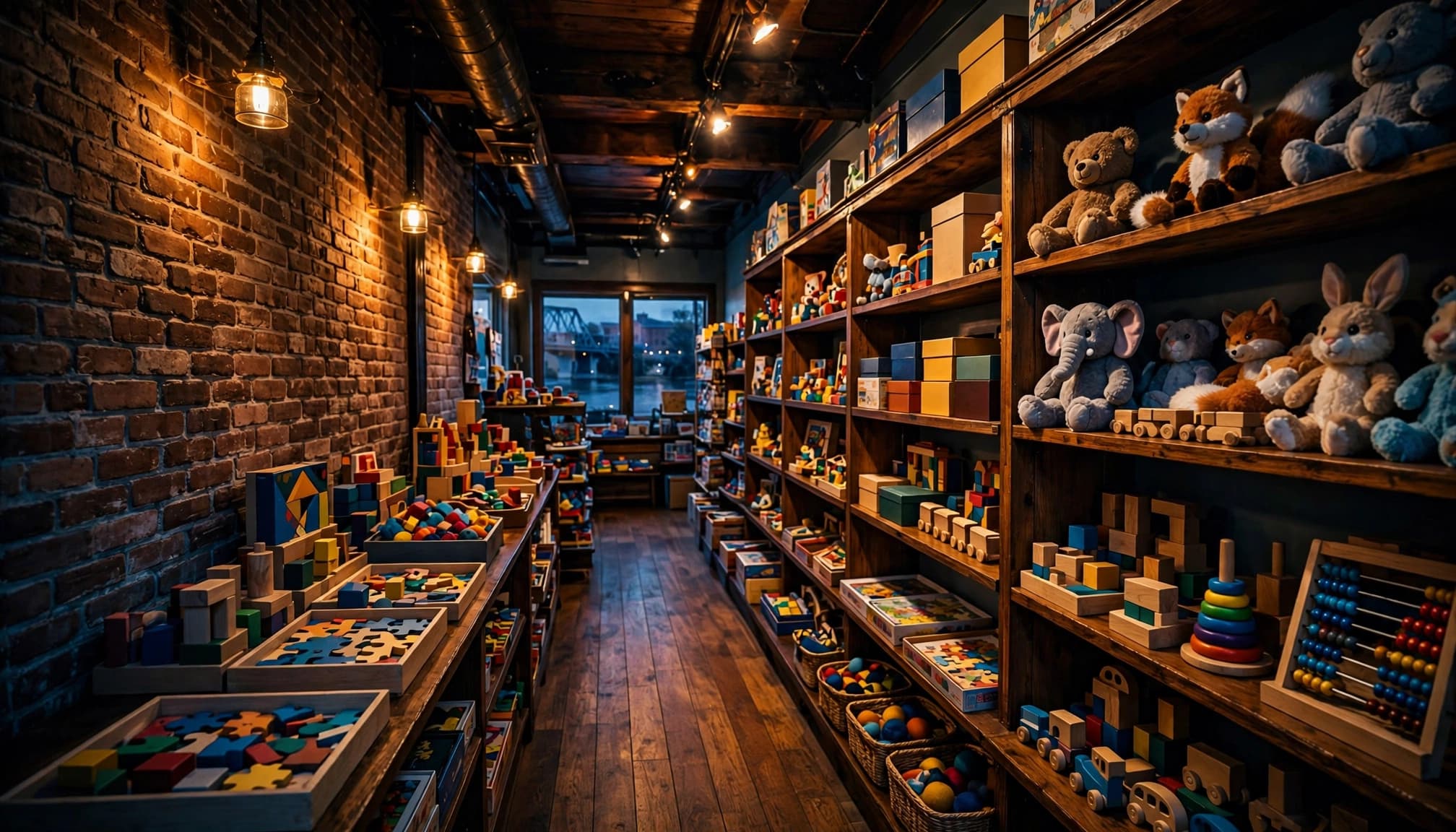 Colorful toys fill wooden shelves inside a warmly lit neighborhood shop.