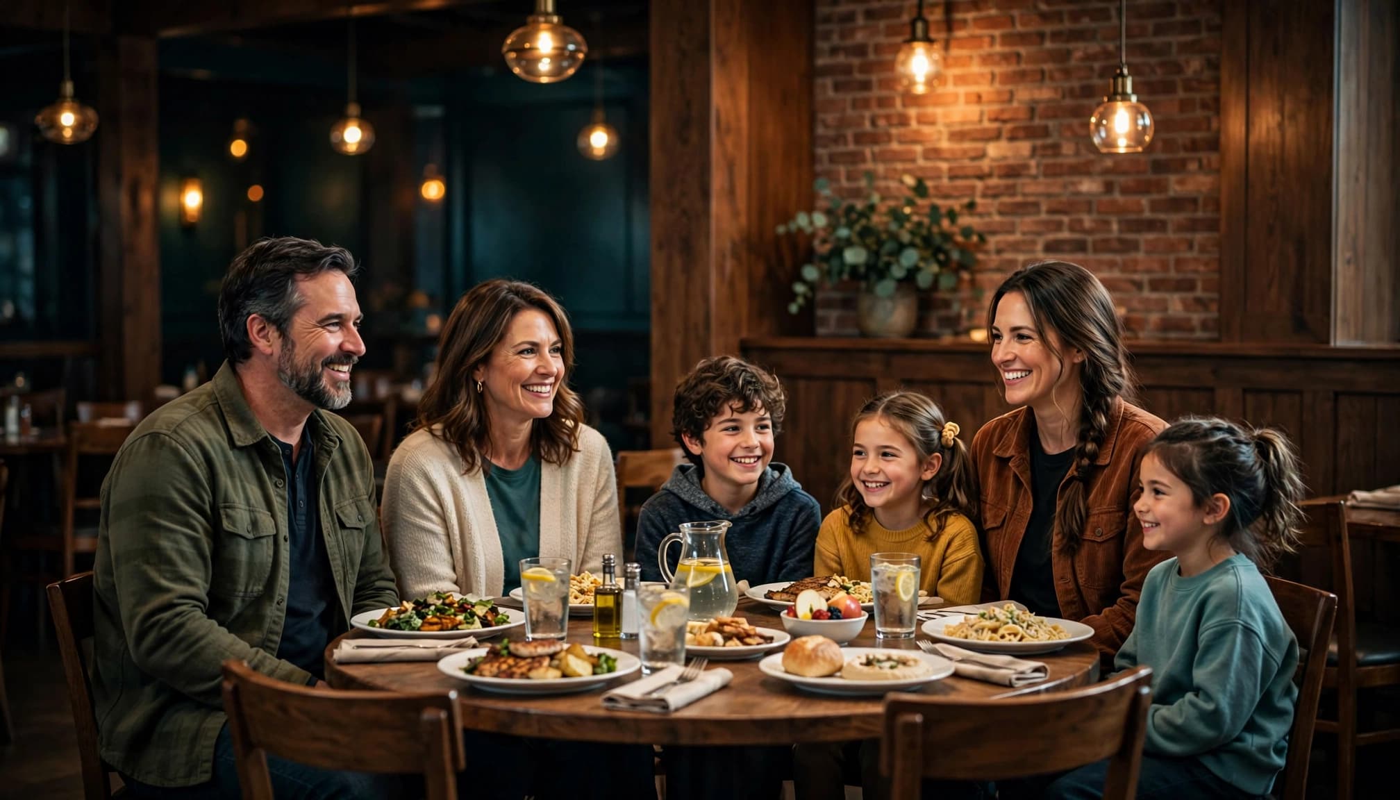 Six family members smile around a restaurant table with buffet plates and drinks.