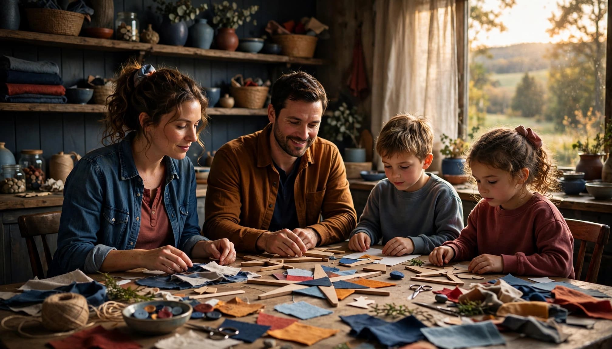 Two adults and two children build a colorful craft project at a kitchen table.