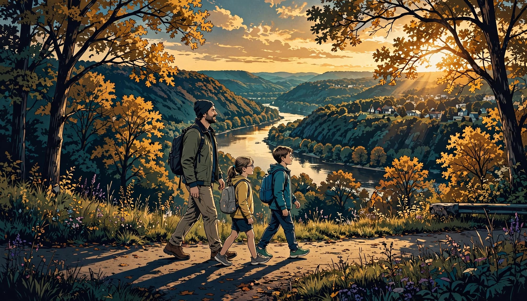 A parent and two children walk together on a tree-lined path above a river valley.