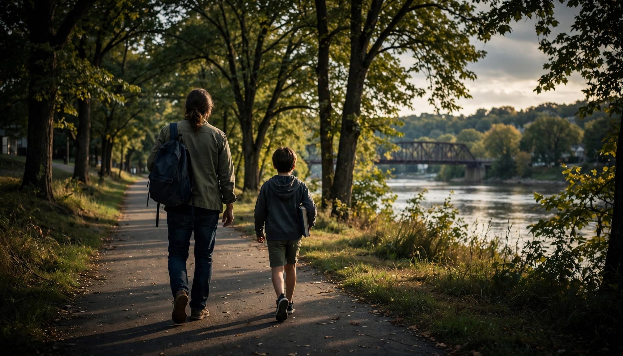 A parent and child walk beside the river with a backpack and library book.