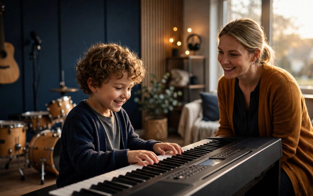 Child playing piano with a teacher in a warm music studio.