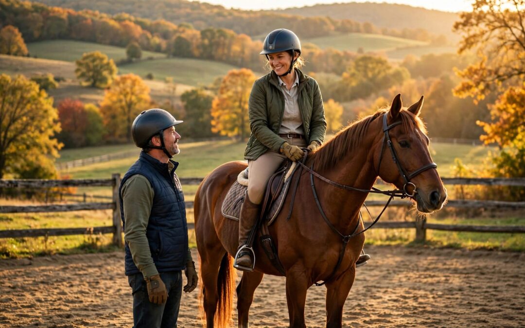 A beginner rides a chestnut horse beside an instructor in an autumn arena.