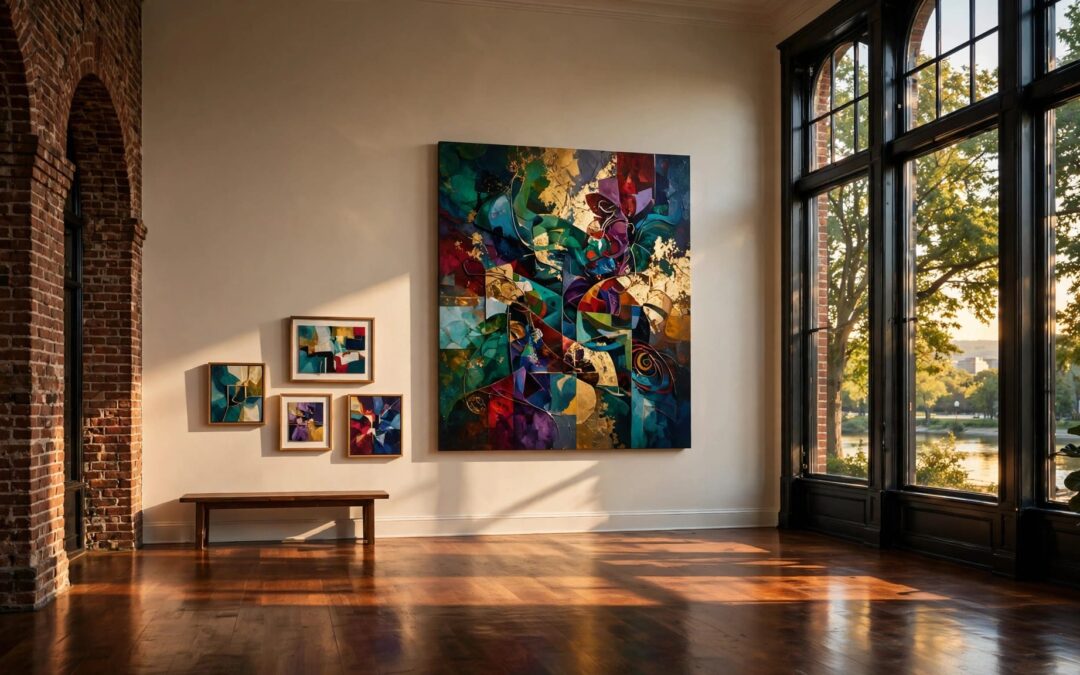 A bright art gallery with colorful paintings, wood floors, and tall windows overlooking leafy streets.