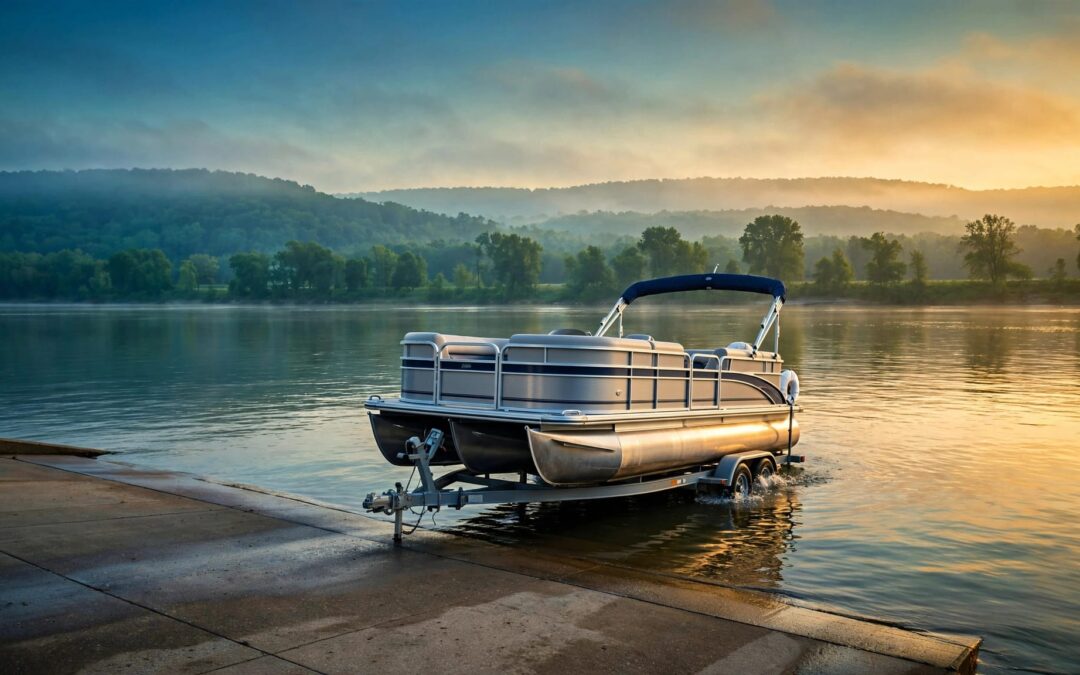 Pontoon boat launching onto the Ohio River at sunrise.