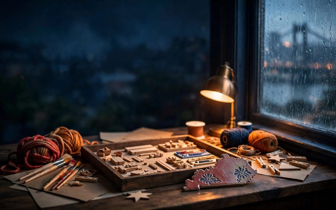 Craft supplies and a Kentucky-style ornament arranged on a table by a rainy window.