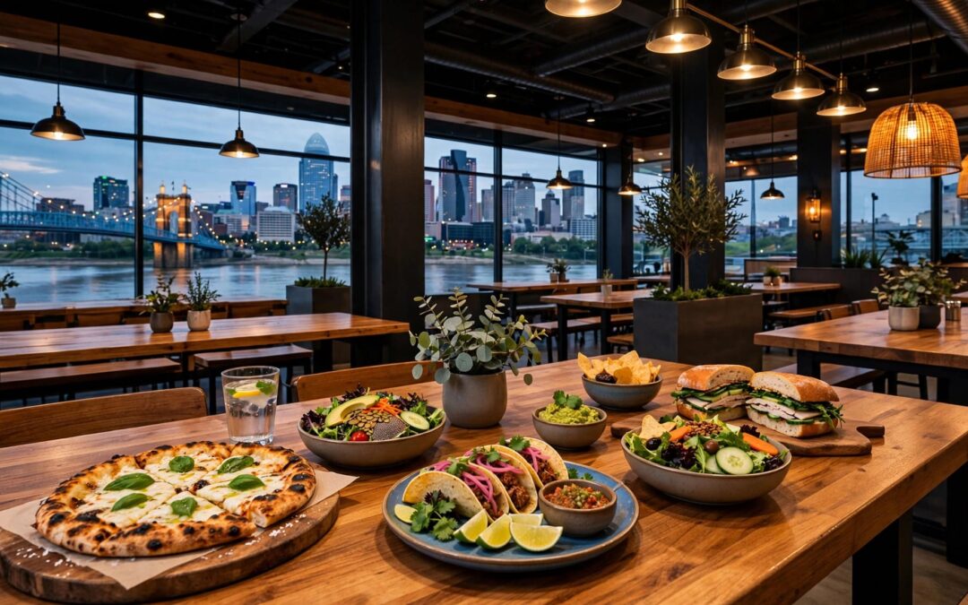 Shared tables with pizza, tacos, salads, and sandwiches beside windows overlooking the river.