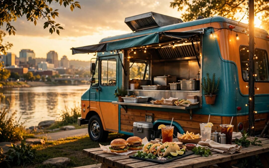 A colorful food truck beside a picnic table with burgers, tacos, fries, and drinks.