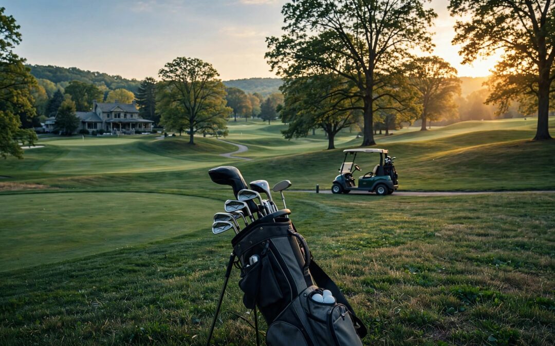 Golf clubs beside the first tee overlooking a tree-lined course and clubhouse.