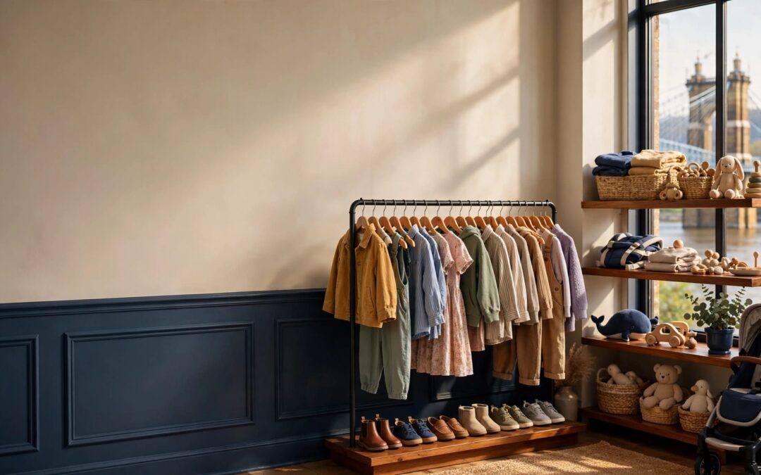 A children’s consignment shop displays clothing, shoes, toys, a stroller, and baby gear.