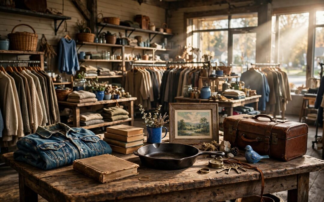 A thrift store table displays vintage clothing, books, kitchenware, and other secondhand finds.