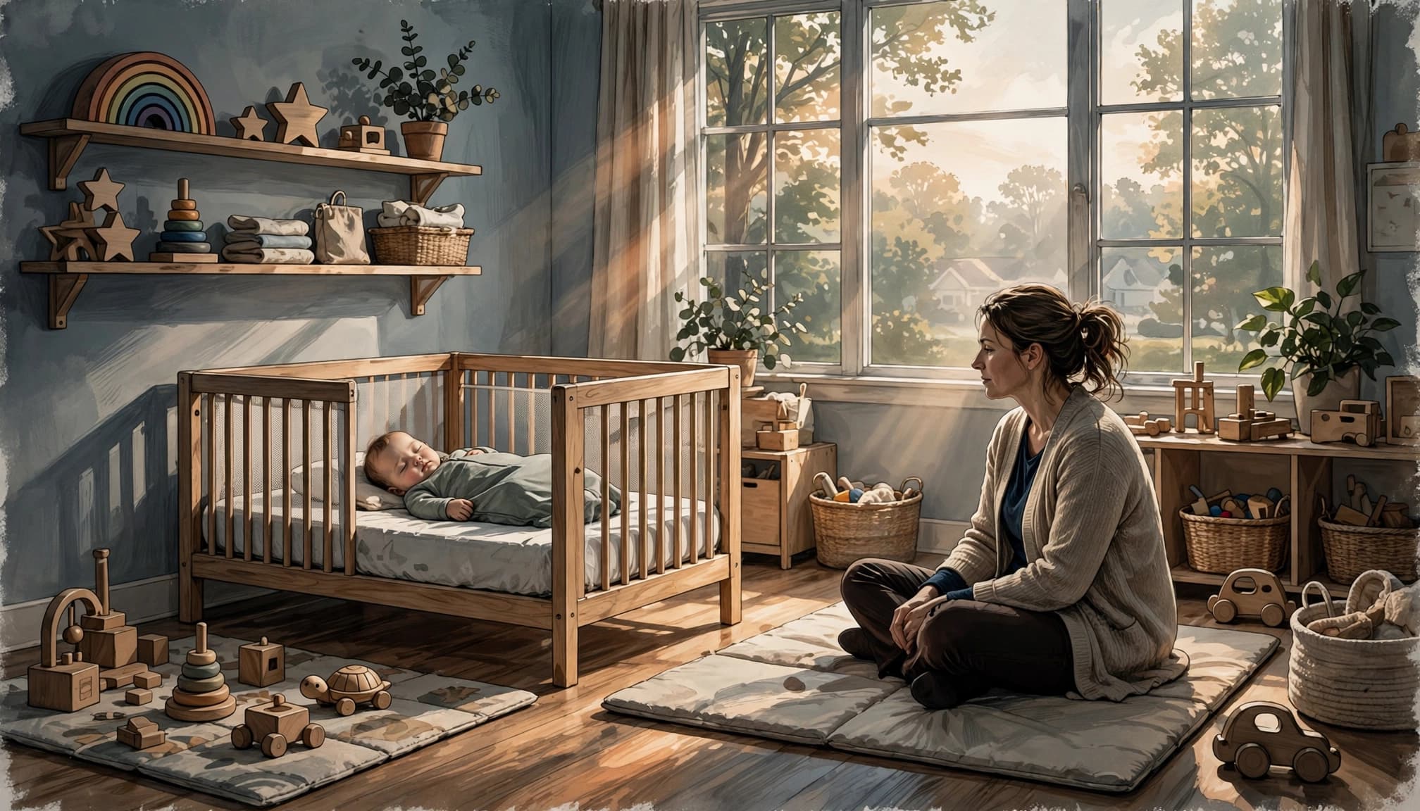 A sleeping infant in a clear crib with a caregiver nearby in a bright classroom.