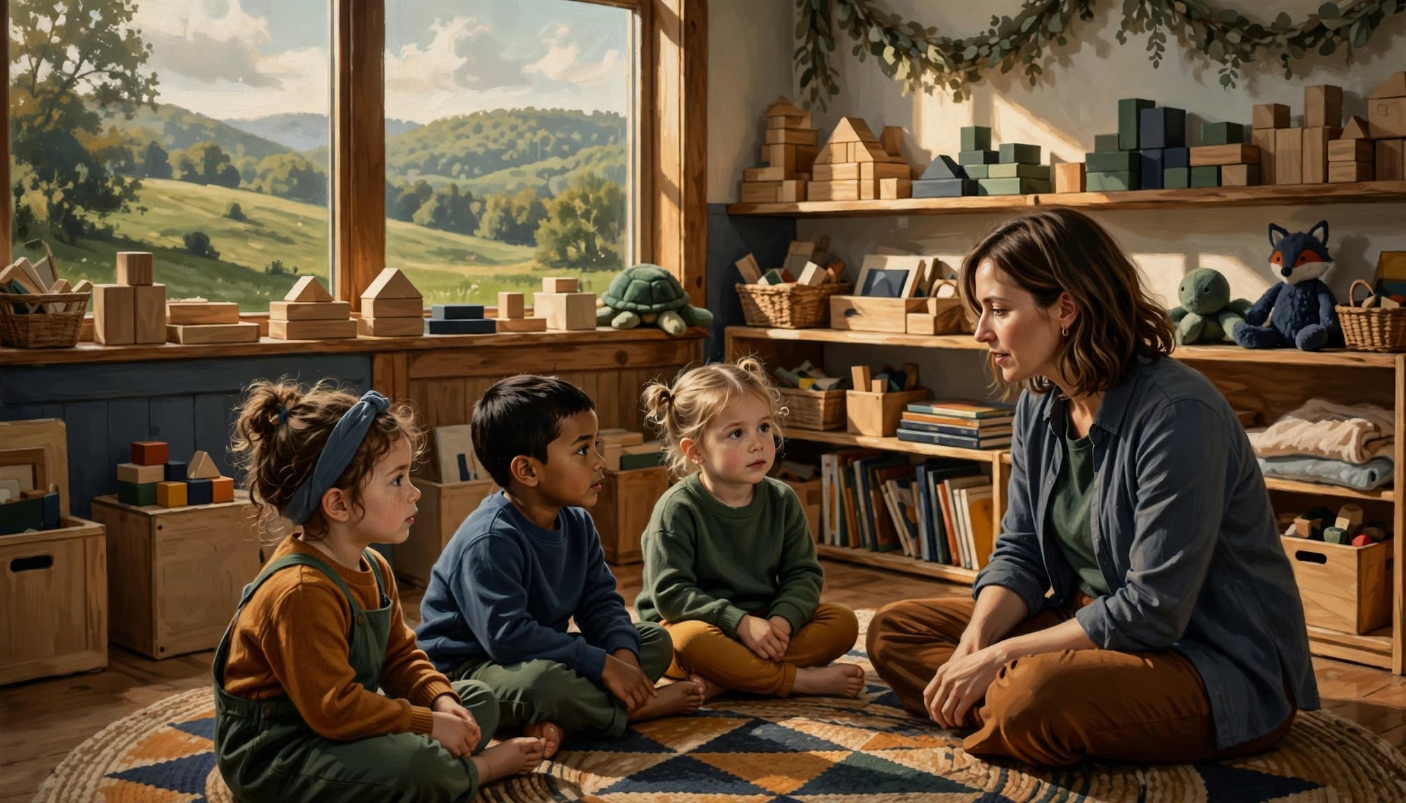 Three children sit on a rug with their teacher in a sunny classroom.