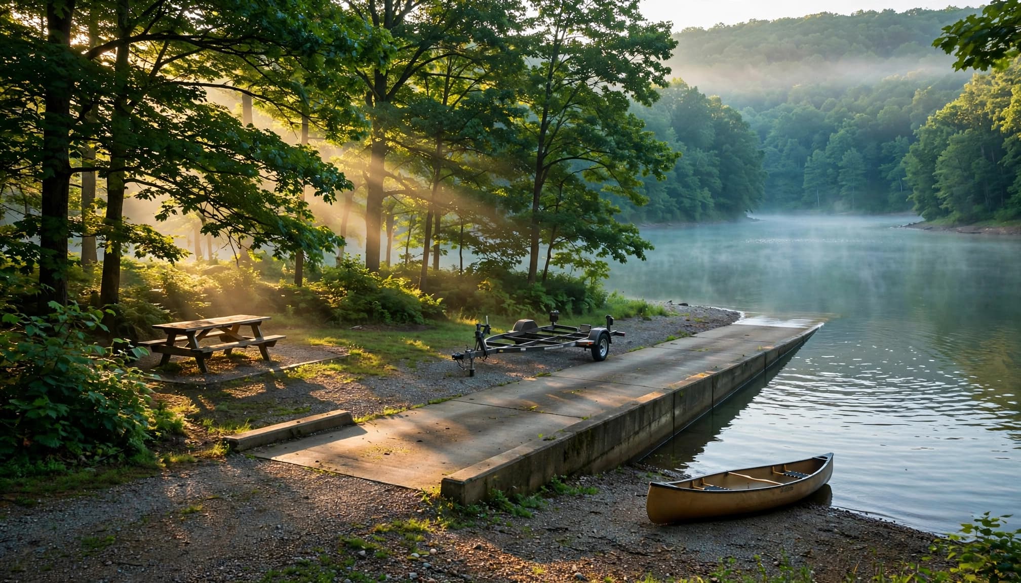 A boat ramp, empty trailer, and canoe beside a wooded reservoir shoreline.