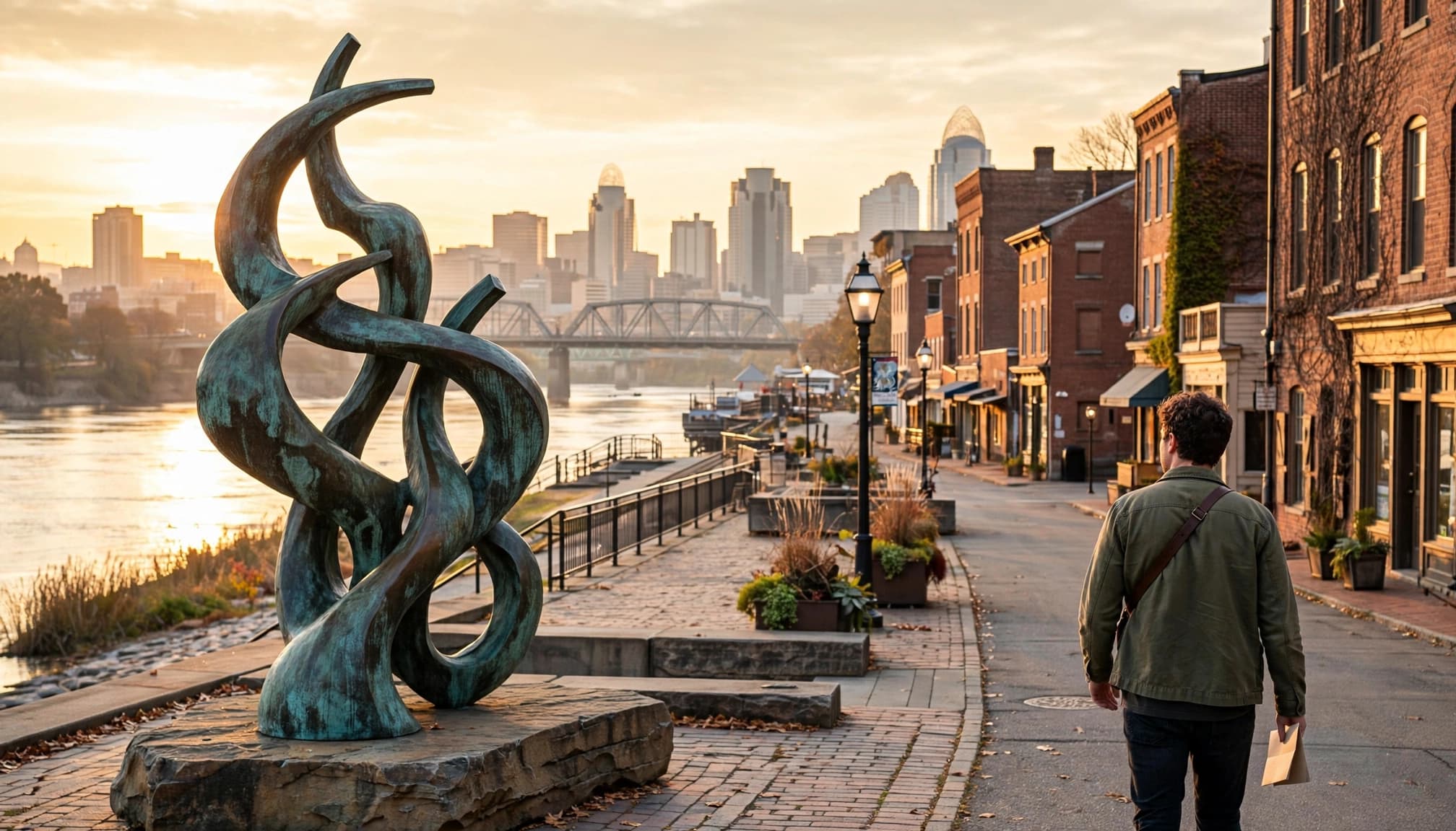 A visitor views an outdoor sculpture near the Ohio River at golden hour.