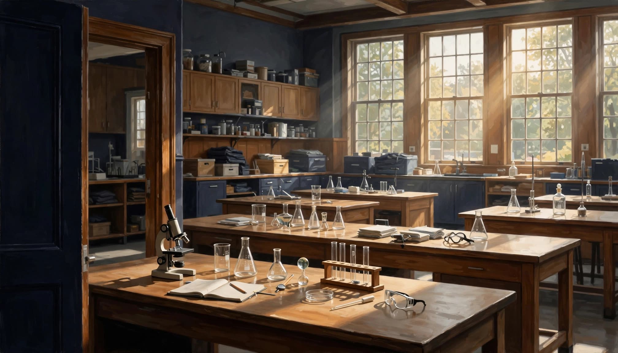 A microscope, glassware, and notebooks arranged on sunlit classroom lab tables.