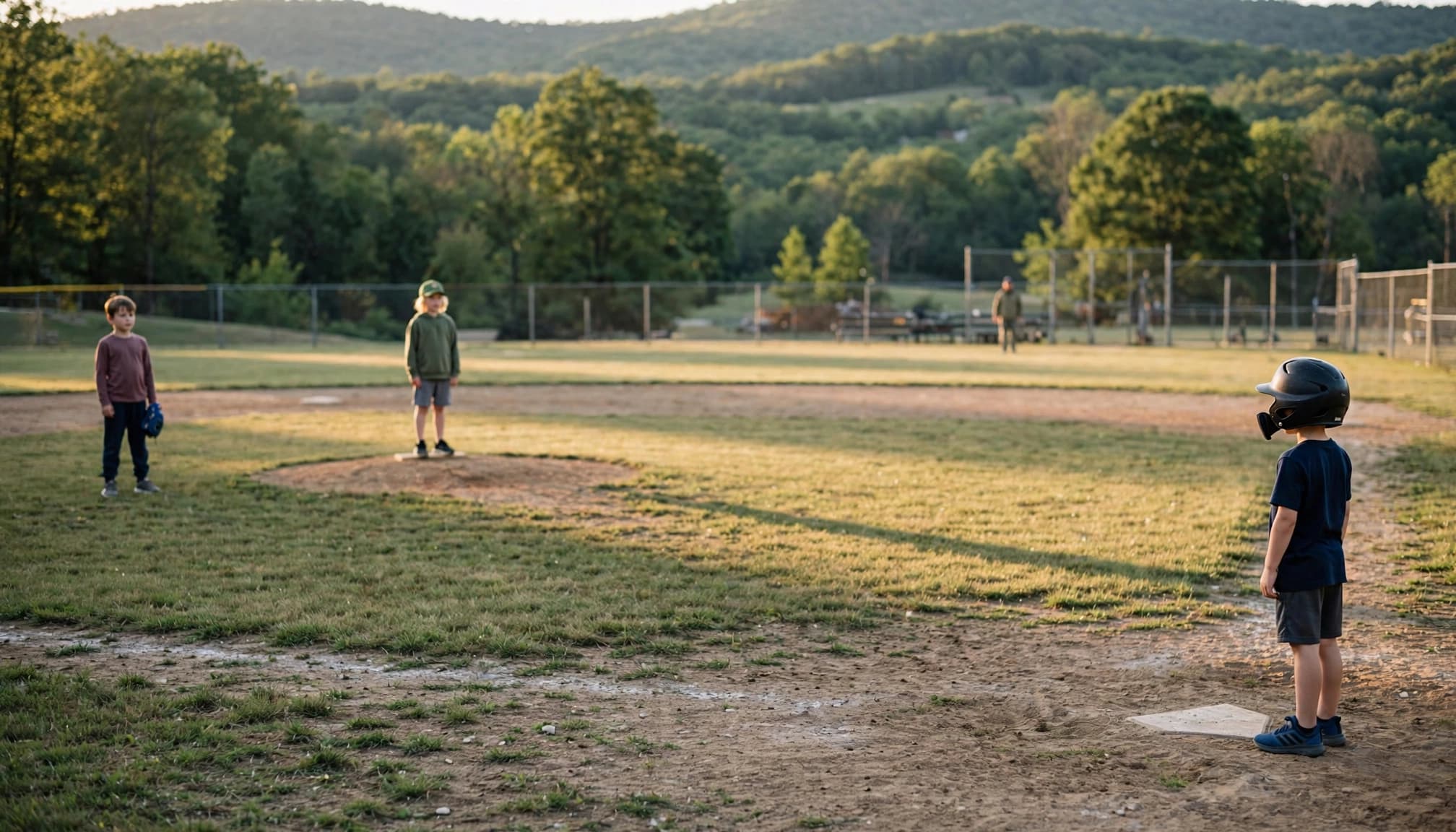 A child in a batting helmet waits near home plate during practice as a teammate and coach stand farther away.