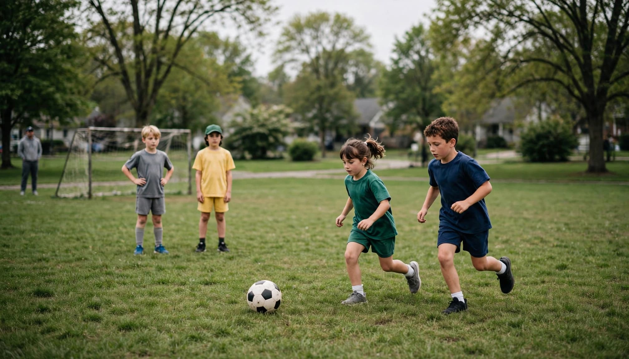 Four children play soccer on a green field while a volunteer watches nearby.