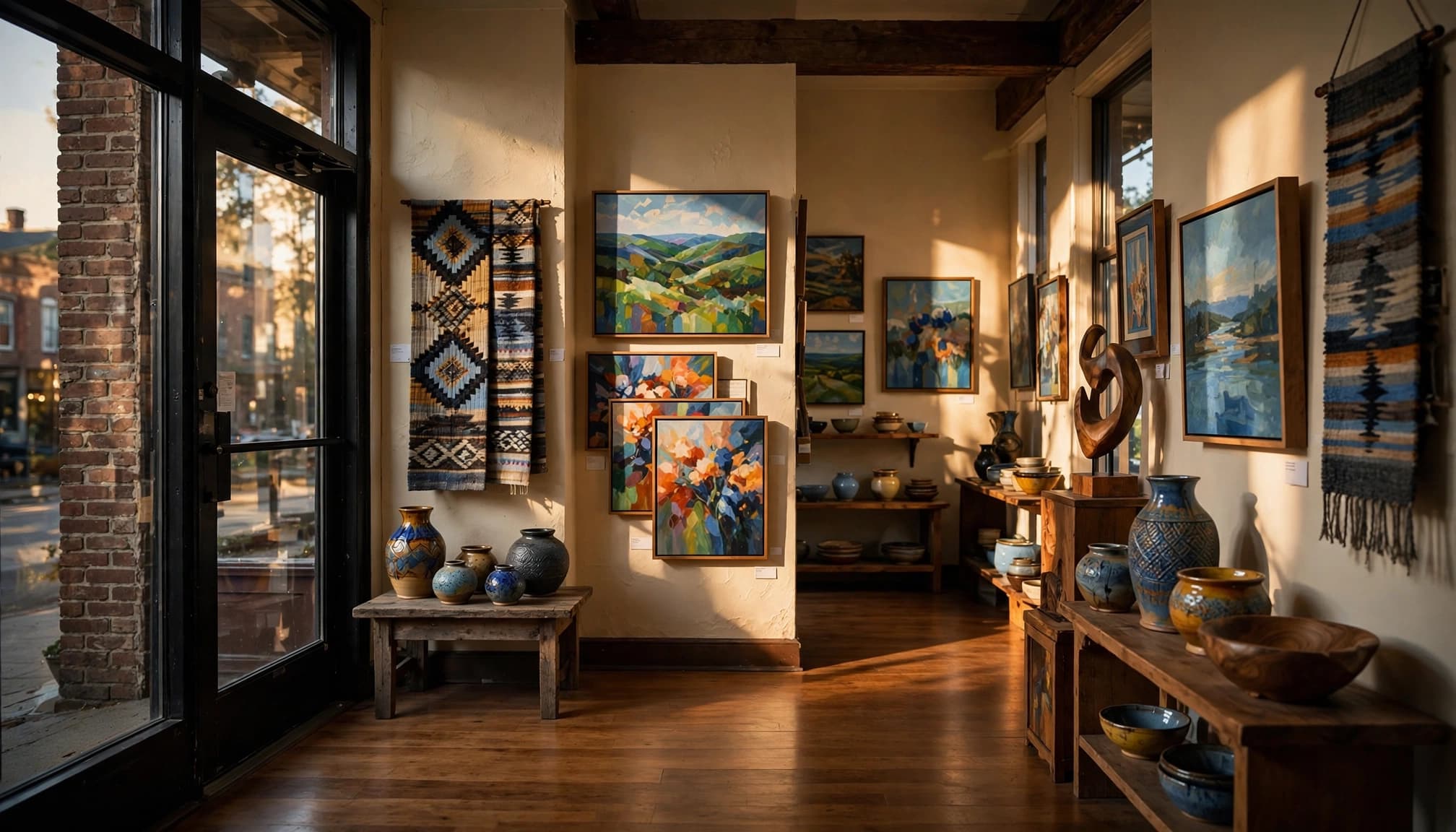 A quiet gallery displays Kentucky paintings, pottery, woodwork, and textiles in warm window light.