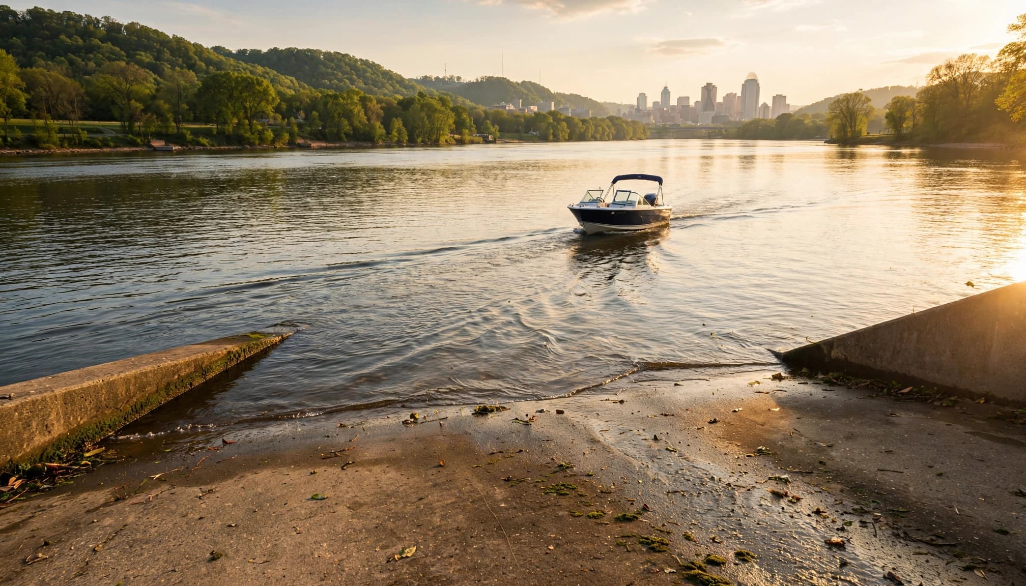 A motorboat leaves a riverside launch ramp with wooded hills and a distant skyline.