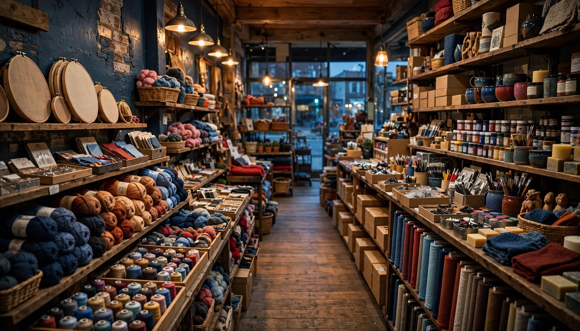 A warmly lit craft shop aisle lined with yarn, fabric, paints, and handmade goods.