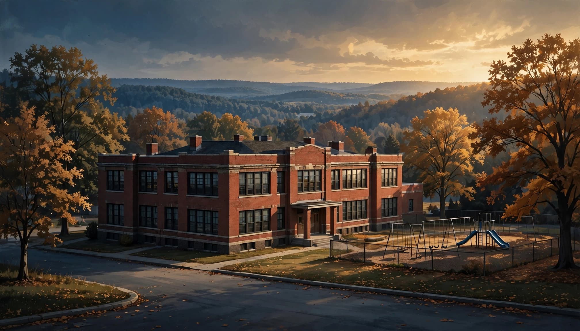 A red-brick school and small playground sit among mature trees near a distant ridge.