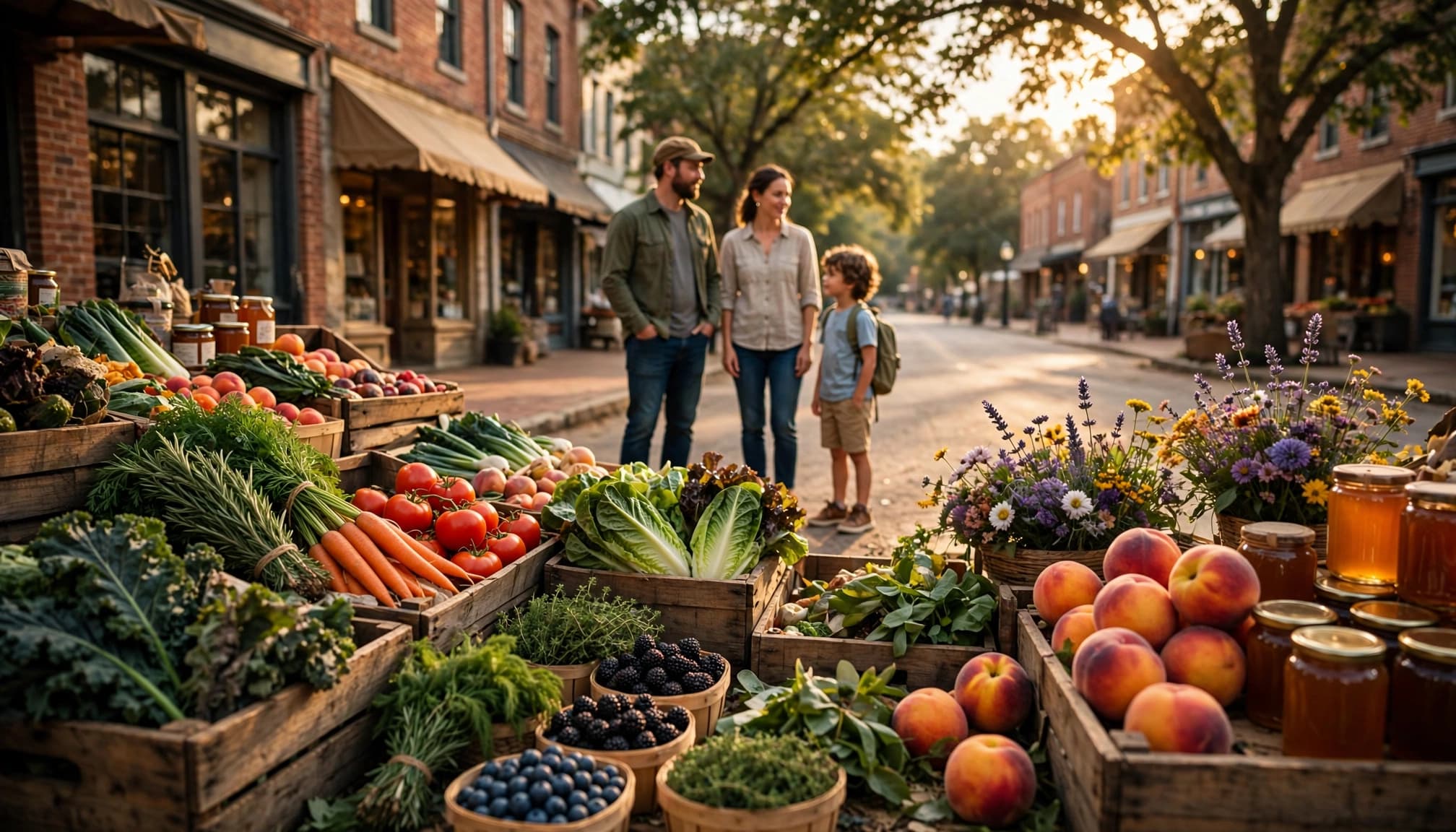 Fresh market produce with two adults and a child on a historic Kentucky sidewalk.