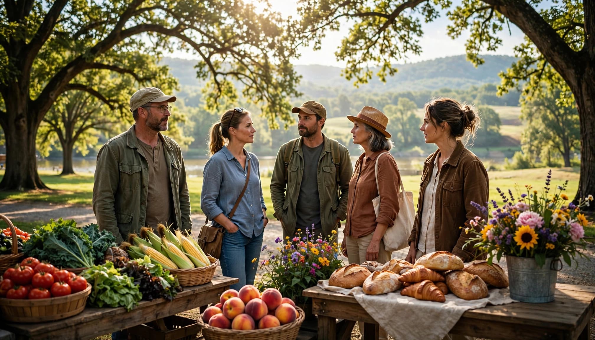 Three shoppers and two vendors browse seasonal produce beneath shade trees, with Kentucky hills in the distance.