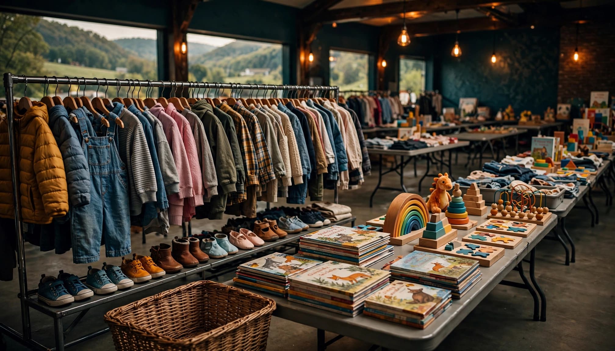 Children's clothes, tiny shoes, books, and toys arranged for a community resale event.