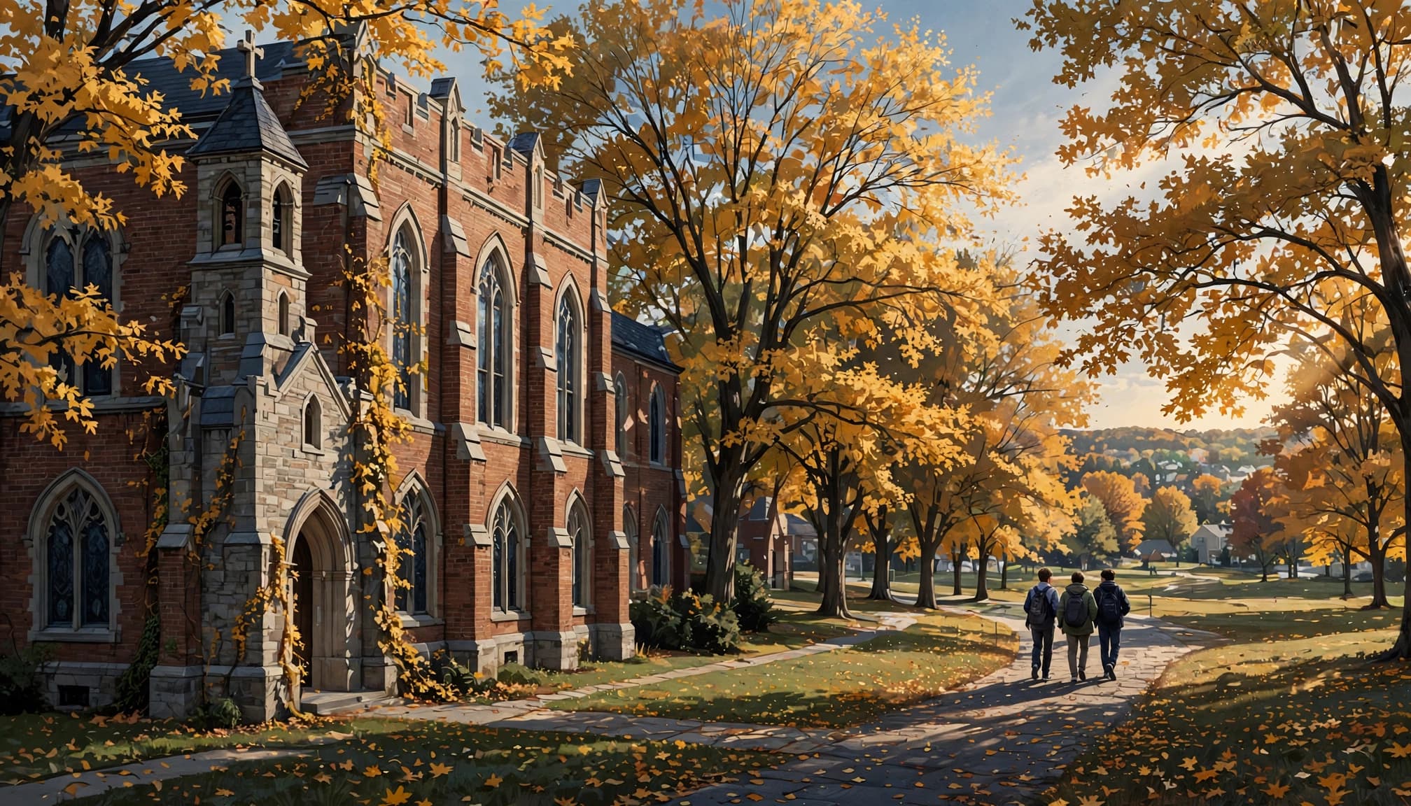 Three students walk along a tree-lined path beside a brick school building.