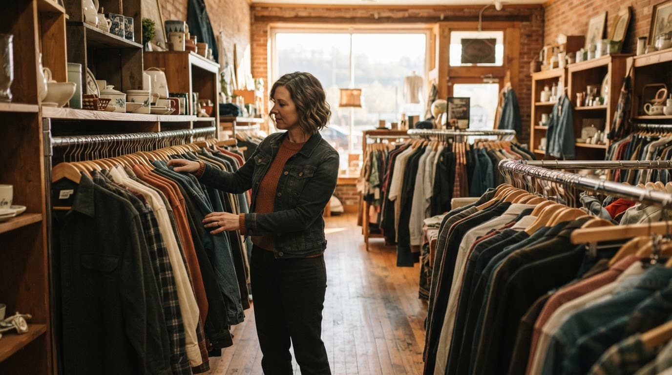 A shopper browses clothing in a warmly lit thrift store.