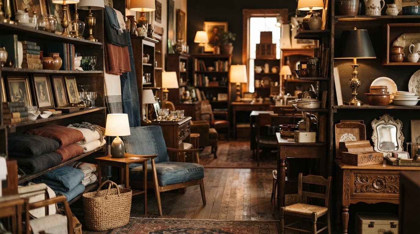 Vintage lamps, books, art, and furniture arranged on shelves inside a warm secondhand shop.