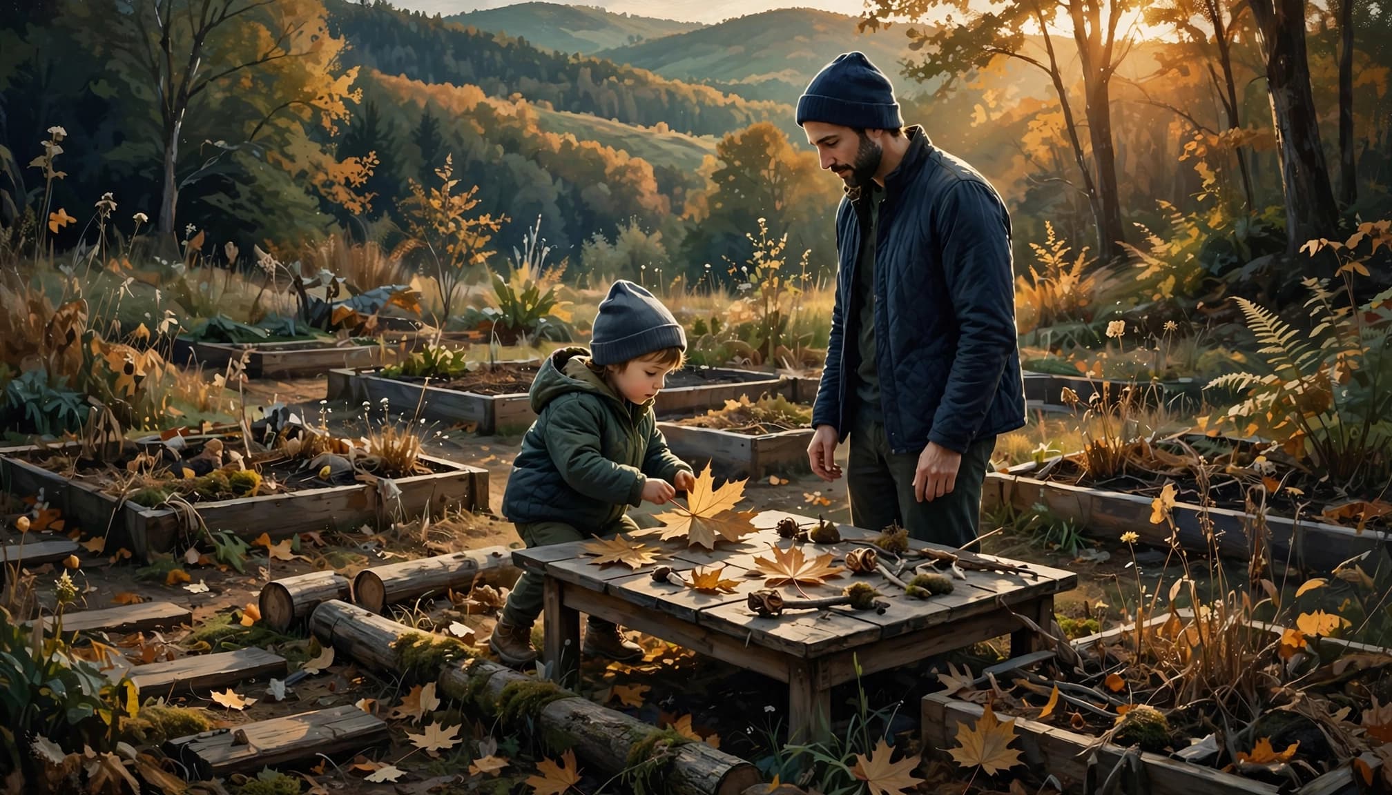A child studies a leaf at a table while a parent stands nearby outdoors.
