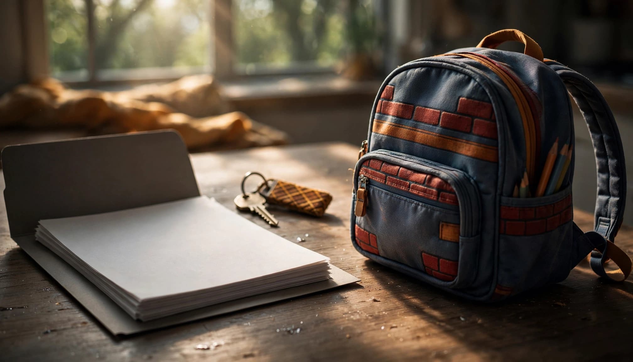 A paperwork packet, backpack, folder, and house key sit on a bright kitchen table.