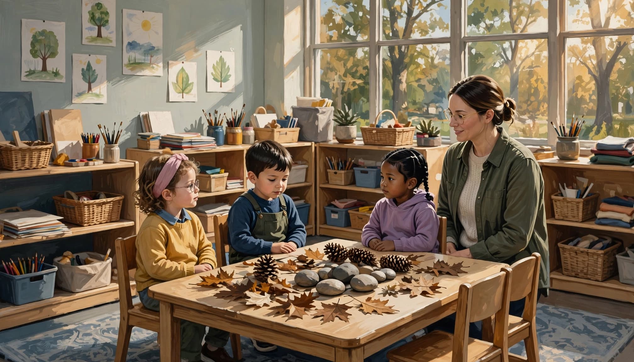 Three children explore leaves, pinecones, and stones at a classroom table with their teacher nearby.