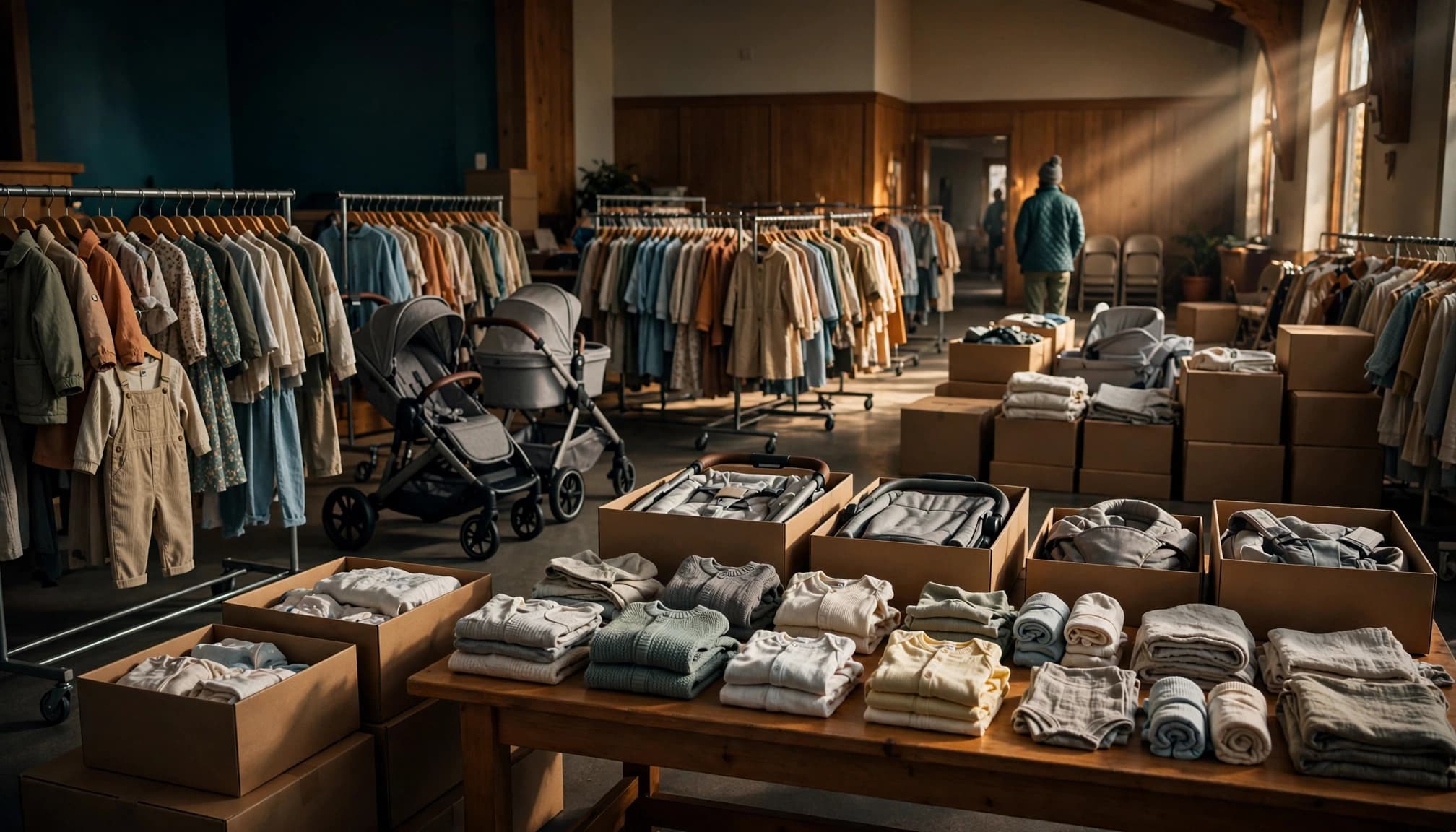 Baby clothes, strollers, and boxed equipment arranged around a check-in table.